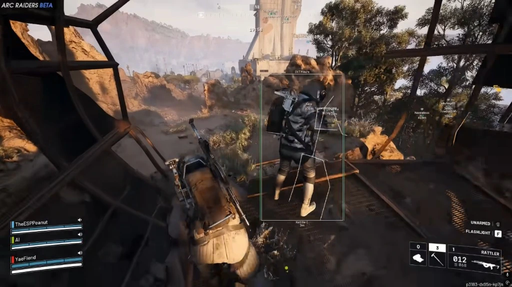 Arc Raiders third-person view with a green player ESP box and skeleton on a metal walkway.